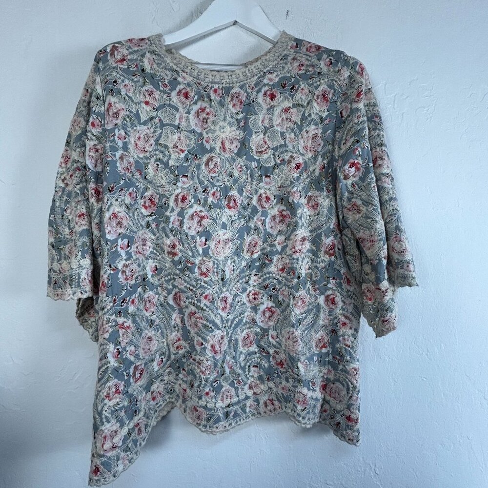 Solitaire Floral Embroidered Scallop Hem Tunic Blouse Women's Large Cottagecore